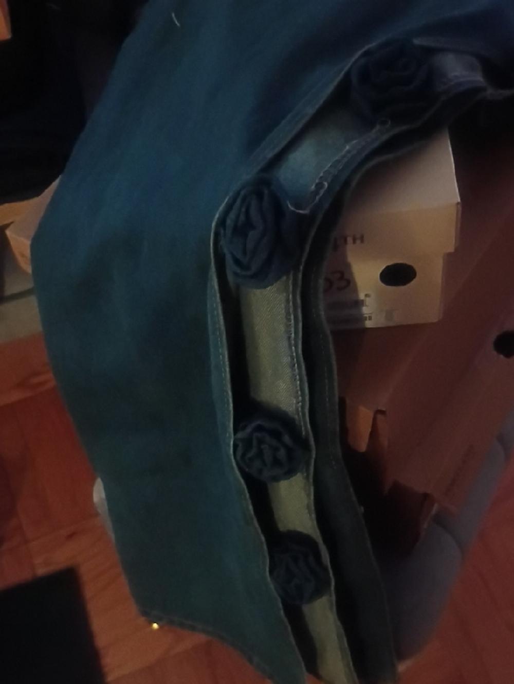 Teal Wide-Leg Jeans with Decorative Rolled Hem